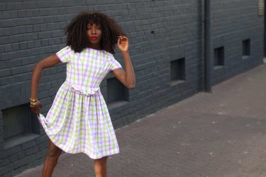 Vintage Gingham Fit and Flare Dress: Purple Green Check Cotton Summer Style