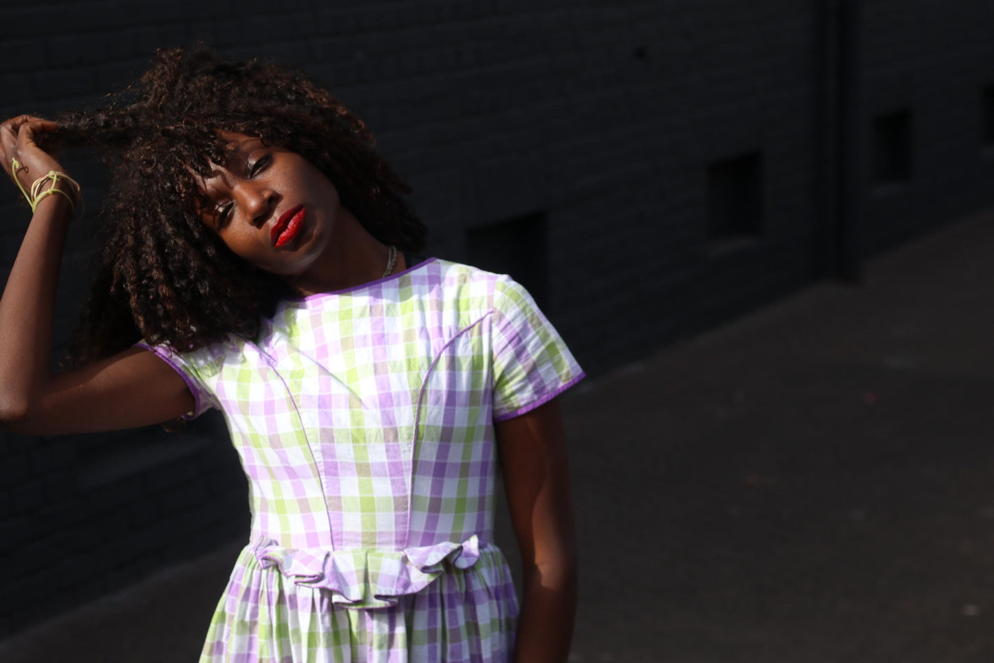 Vintage Gingham Fit and Flare Dress: Purple Green Check Cotton Summer Style