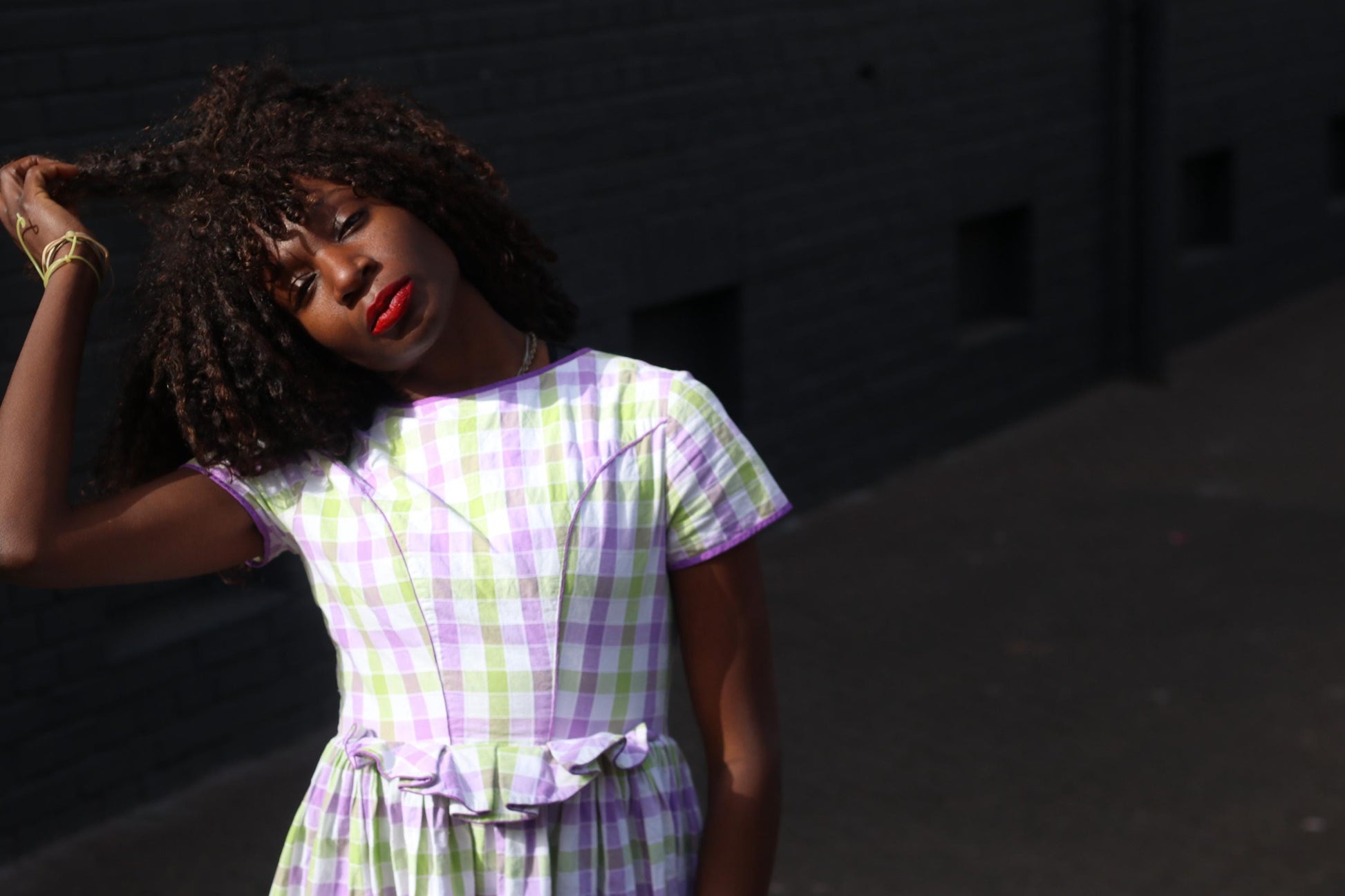 Vintage Gingham Fit and Flare Dress: Purple Green Check Cotton Summer Style