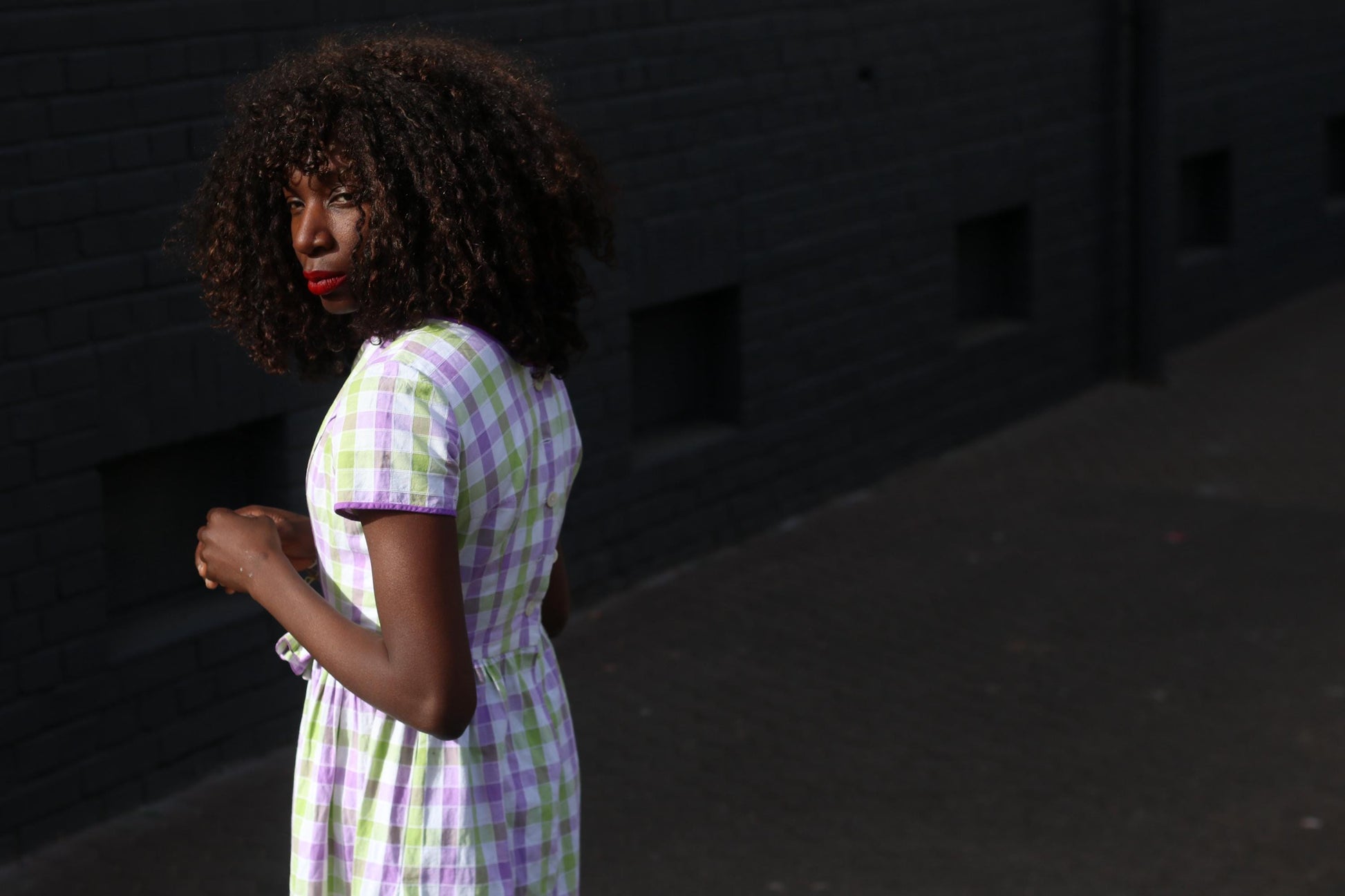 Vintage Gingham Fit and Flare Dress: Purple Green Check Cotton Summer Style