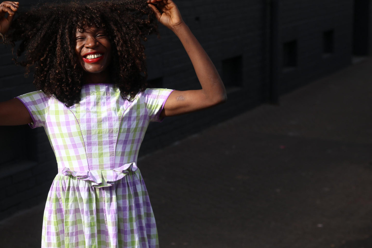 Vintage Gingham Fit and Flare Dress: Purple Green Check Cotton Summer Style