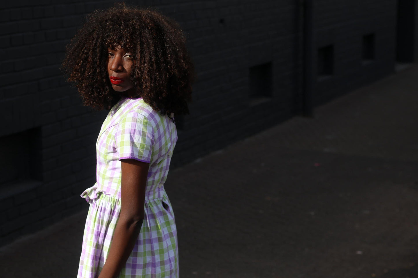 Vintage Gingham Fit and Flare Dress: Purple Green Check Cotton Summer Style