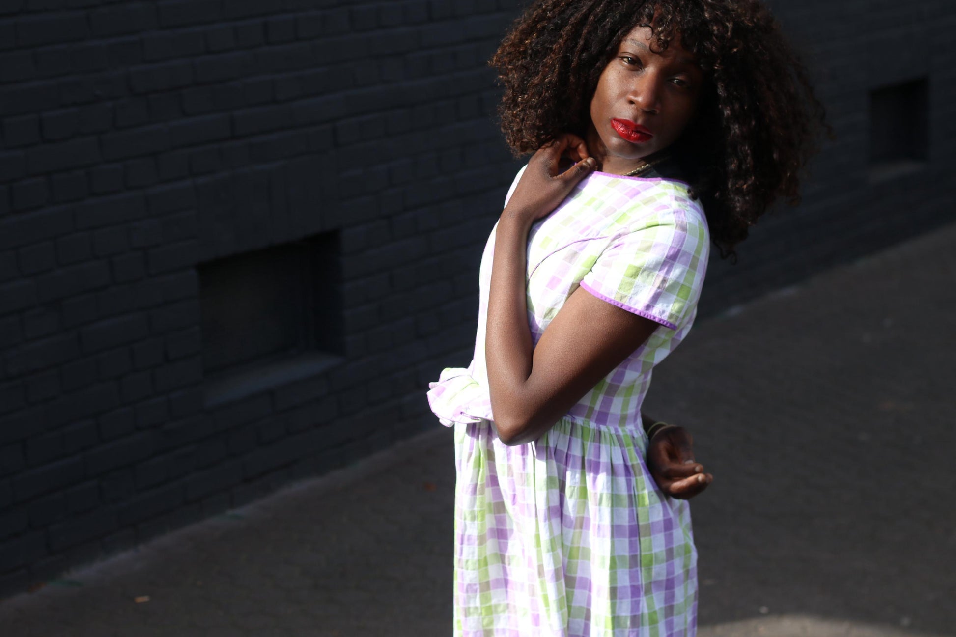 Vintage Gingham Fit and Flare Dress: Purple Green Check Cotton Summer Style