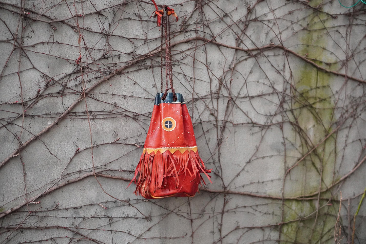 Vintage Red Leather Fringe Bag Handcrafted Artisanal Drawstring Pouch Boho Tassel