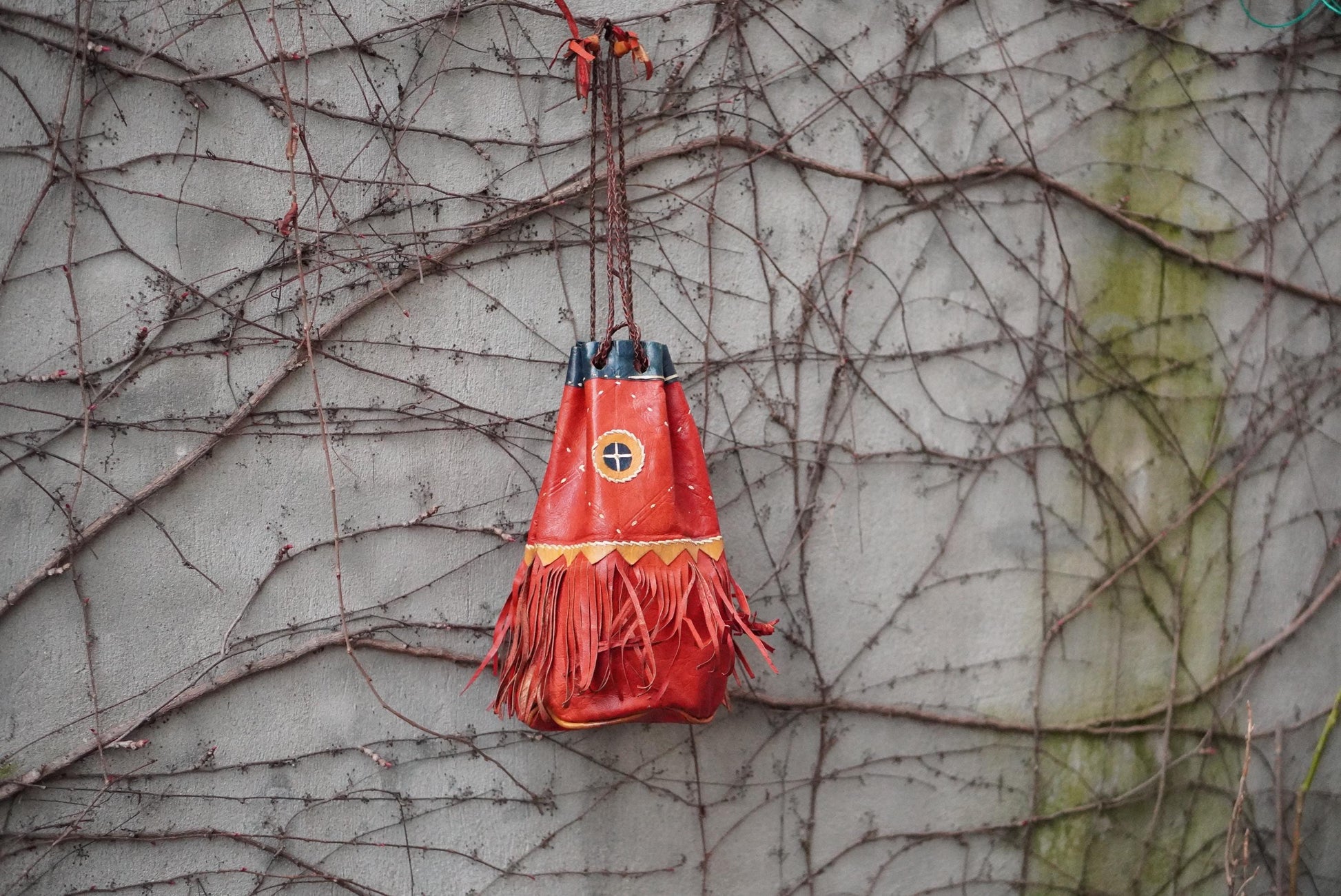 Vintage Red Leather Fringe Bag Handcrafted Artisanal Drawstring Pouch Boho Tassel