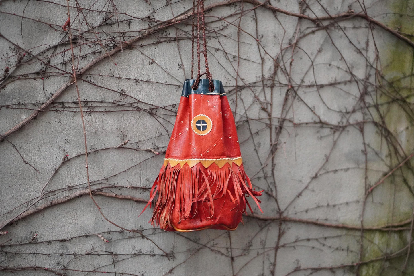 Vintage Red Leather Fringe Bag Handcrafted Artisanal Drawstring Pouch Boho Tassel