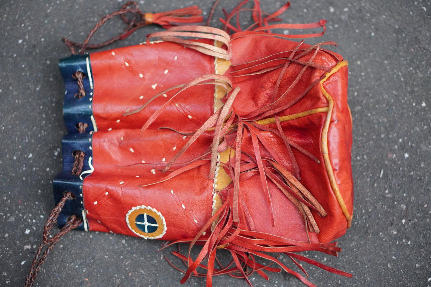 Vintage Red Leather Fringe Bag Handcrafted Artisanal Drawstring Pouch Boho Tassel