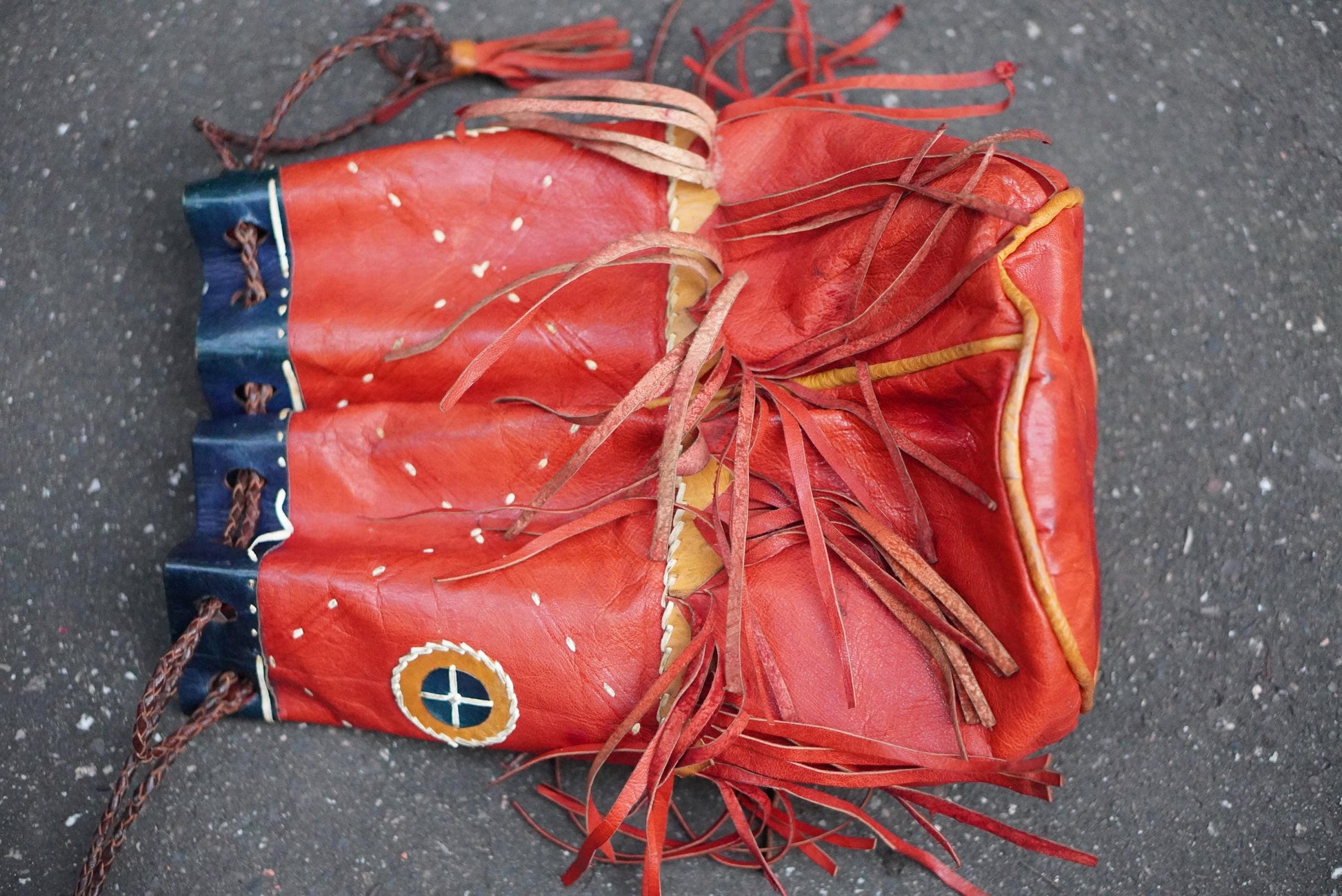 Vintage Red Leather Fringe Bag Handcrafted Artisanal Drawstring Pouch Boho Tassel