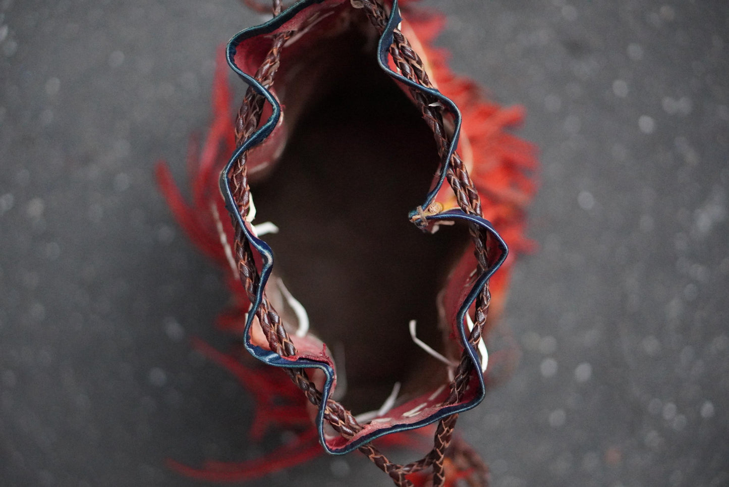 Vintage Red Leather Fringe Bag Handcrafted Artisanal Drawstring Pouch Boho Tassel