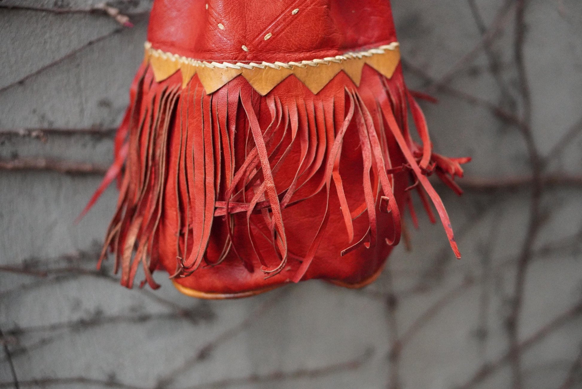 Vintage Red Leather Fringe Bag Handcrafted Artisanal Drawstring Pouch Boho Tassel