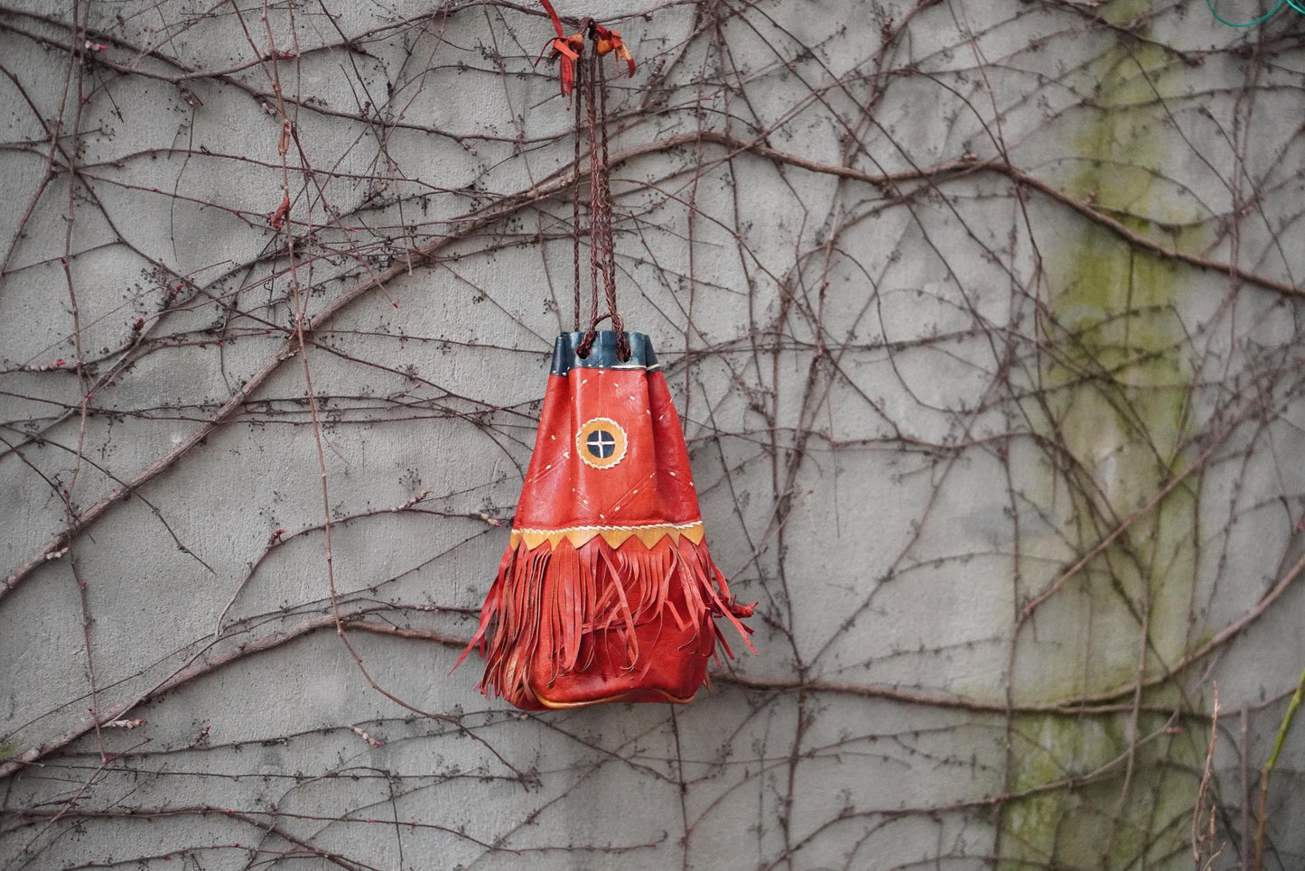 Vintage Red Leather Fringe Bag Handcrafted Artisanal Drawstring Pouch Boho Tassel