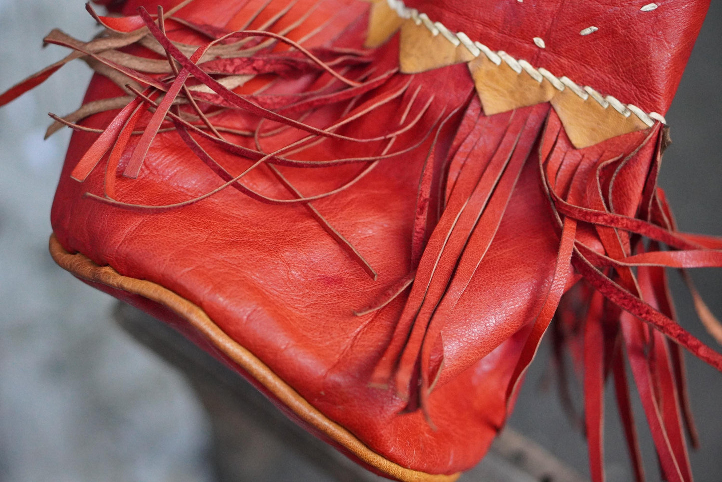 Vintage Red Leather Fringe Bag Handcrafted Artisanal Drawstring Pouch Boho Tassel
