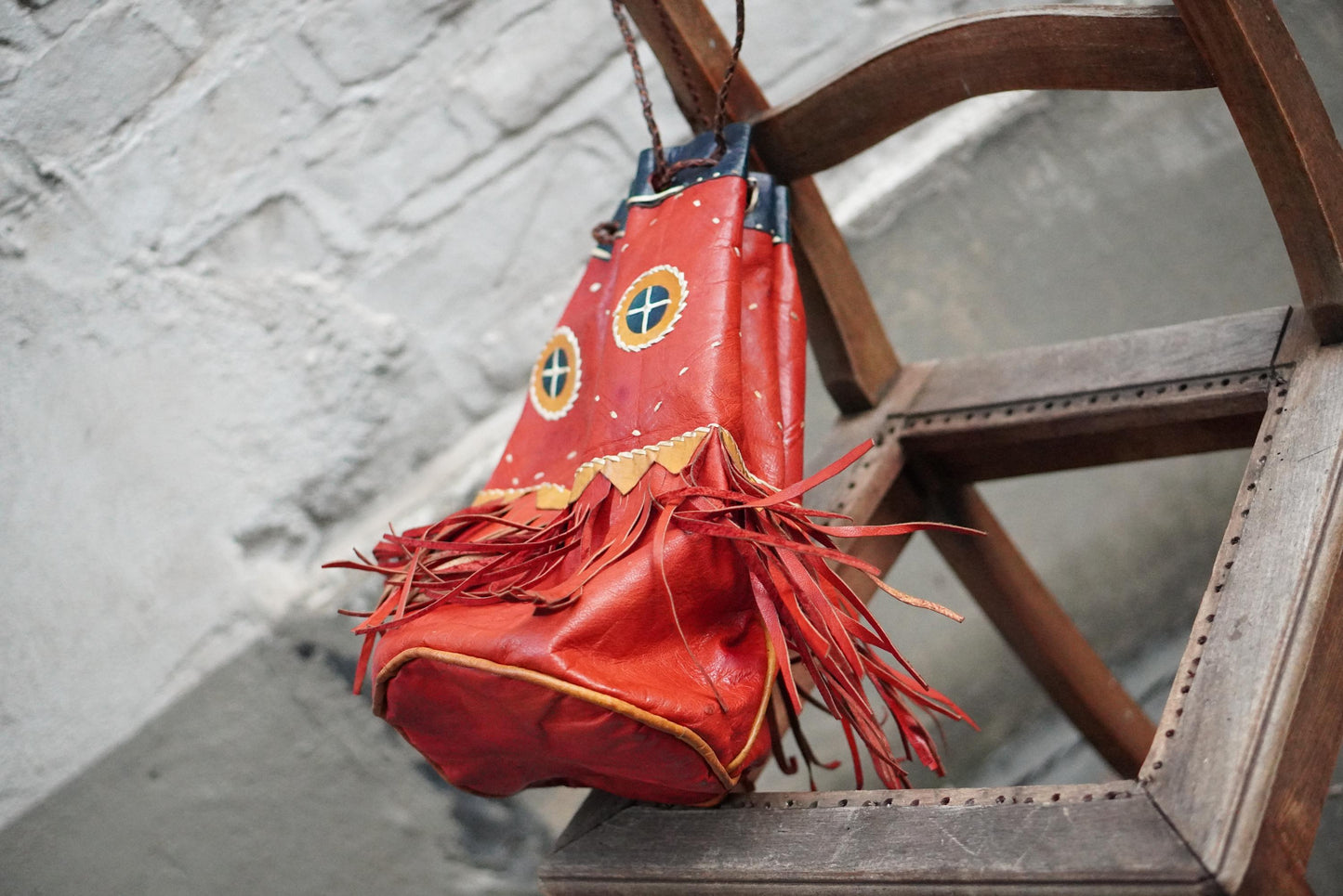 Vintage Red Leather Fringe Bag Handcrafted Artisanal Drawstring Pouch Boho Tassel