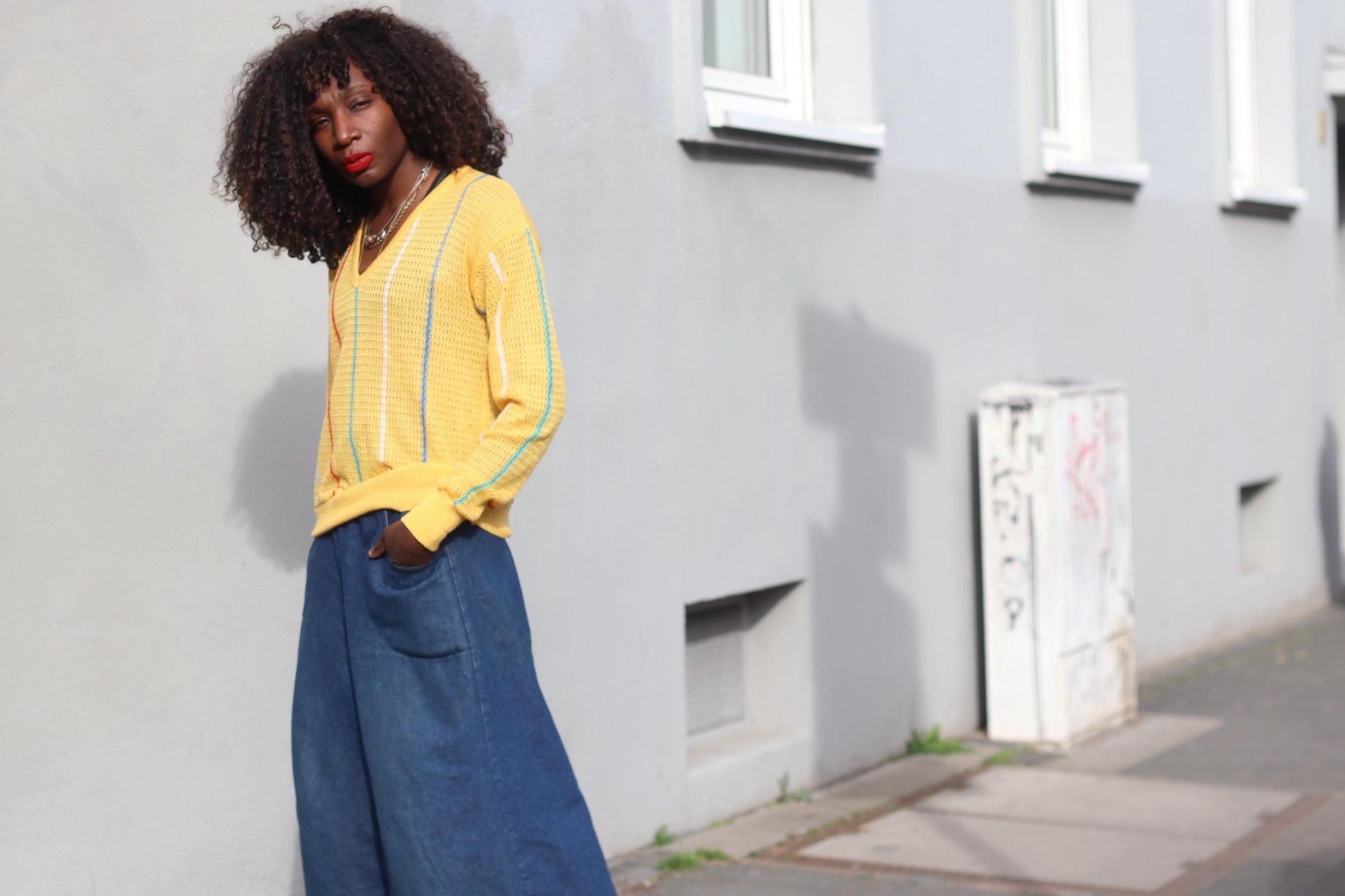 Vintage Yellow Knit Sweater Striped V-Neck Jumper Retro 70s 80s Cotton Knit Top