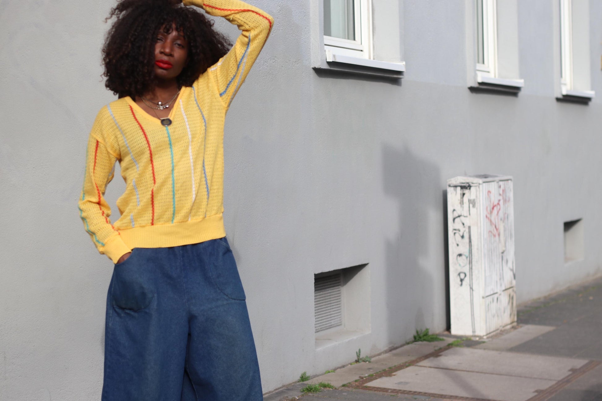 Vintage Yellow Knit Sweater Striped V-Neck Jumper Retro 70s 80s Cotton Knit Top