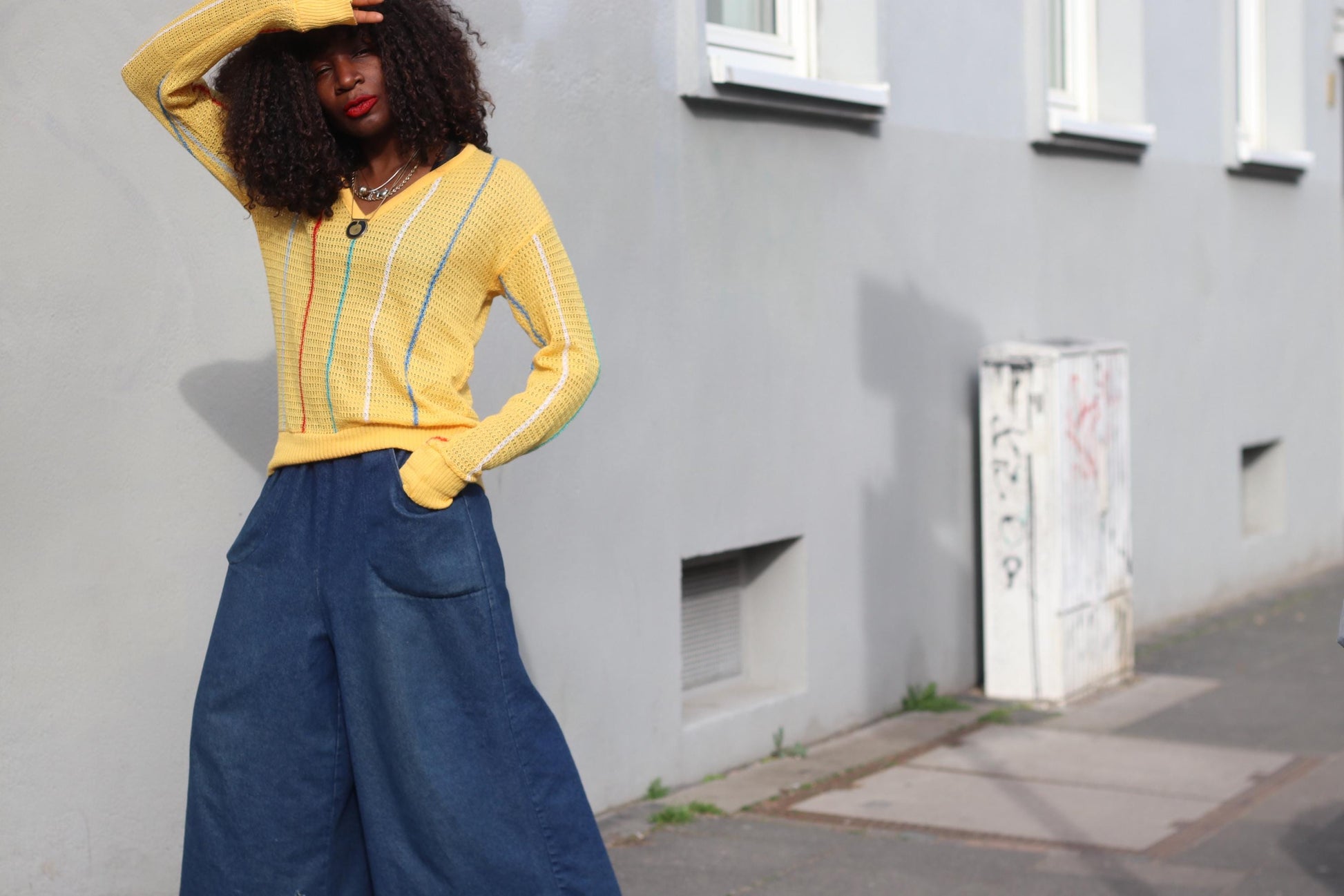 Vintage Yellow Knit Sweater Striped V-Neck Jumper Retro 70s 80s Cotton Knit Top