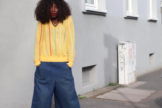 Vintage Yellow Knit Sweater Striped V-Neck Jumper Retro 70s 80s Cotton Knit Top