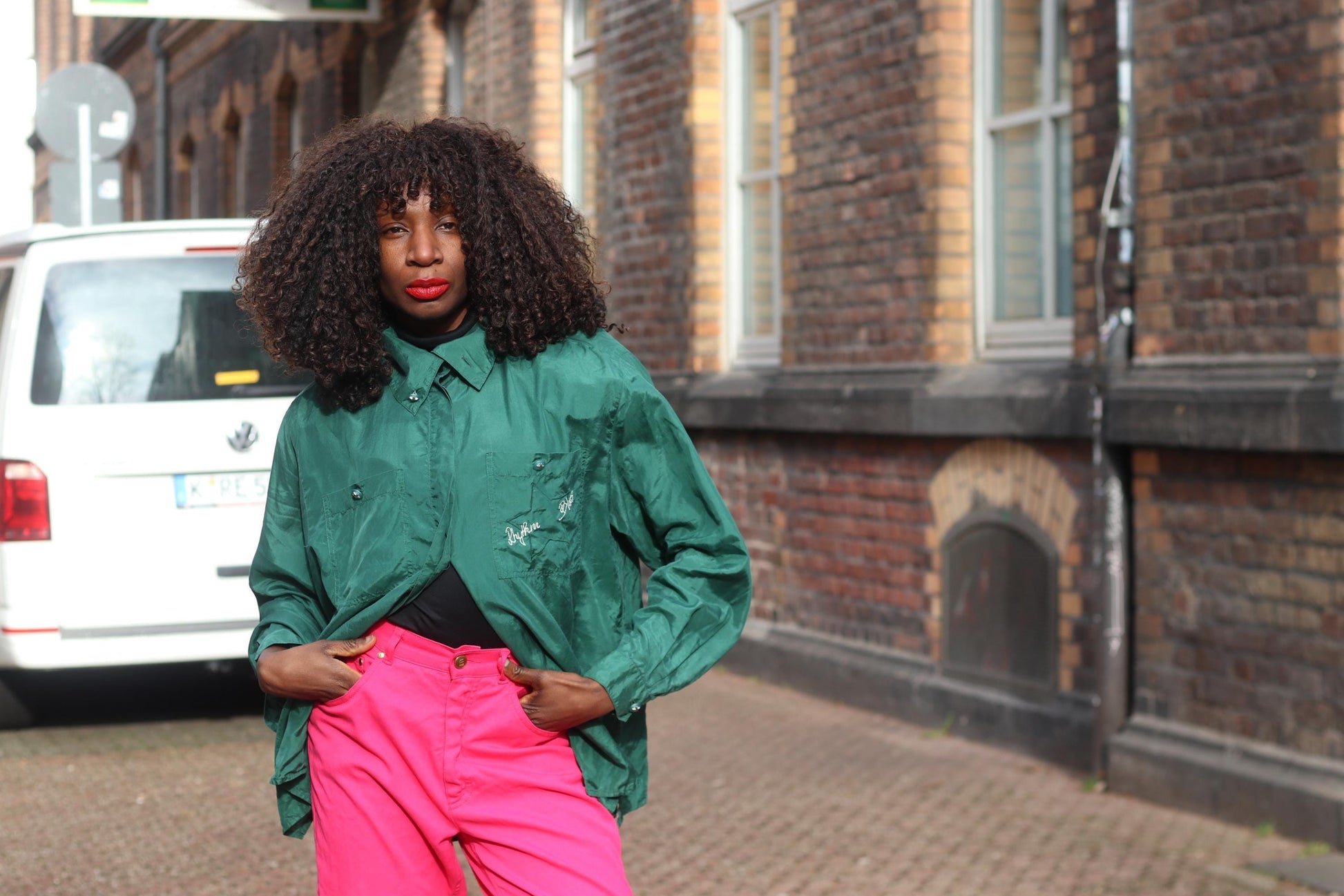 Oversized Silk Blouse Emerald Green 90s Vintage Shirt Embroidered Top L XL