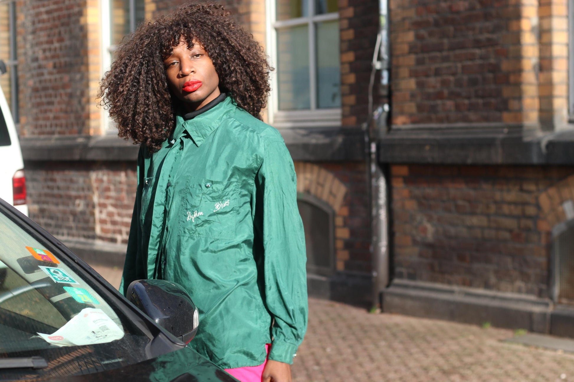 Oversized Silk Blouse Emerald Green 90s Vintage Shirt Embroidered Top L XL