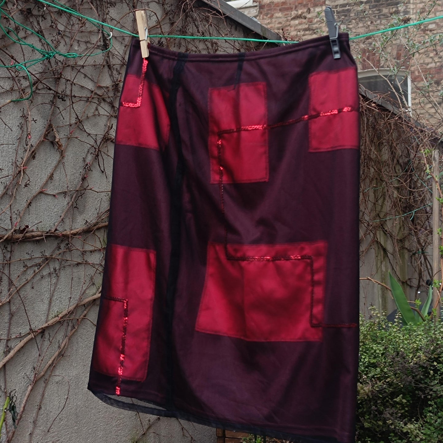 y2k Red Skirt| Vintage Festive Skirt with Geometric and Sheer Details