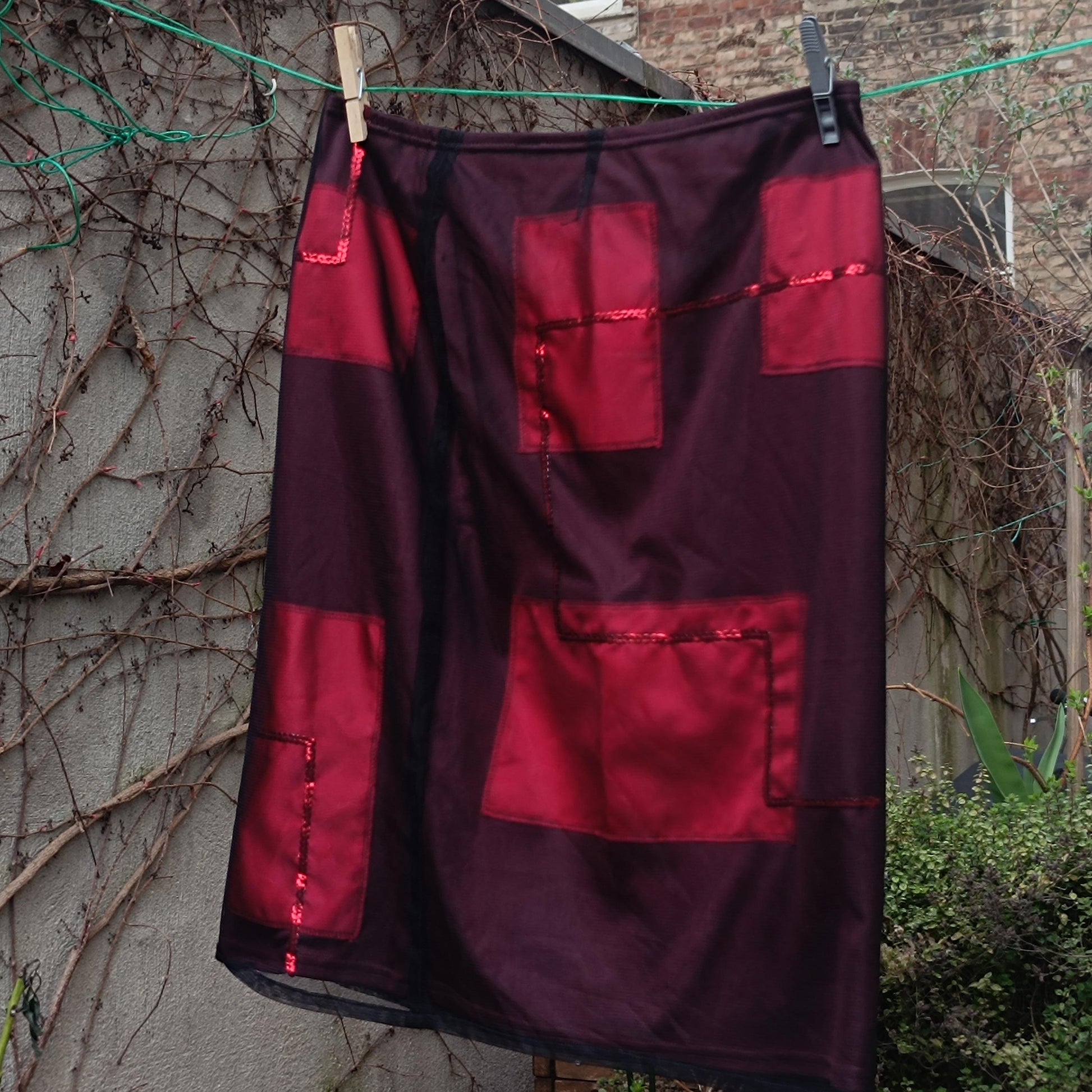 y2k Red Skirt| Vintage Festive Skirt with Geometric and Sheer Details