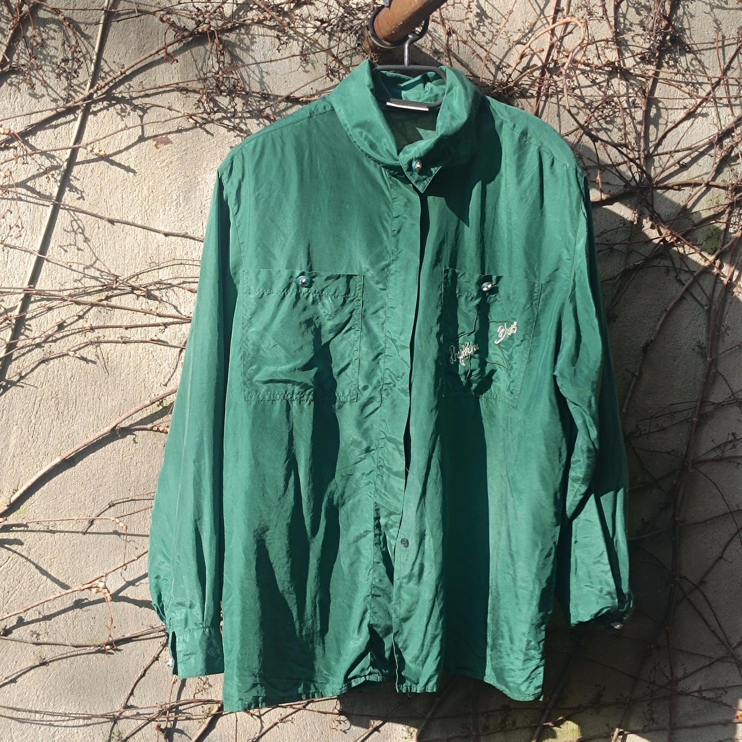 Oversized Silk Blouse Emerald Green 90s Vintage Shirt Embroidered Top L XL