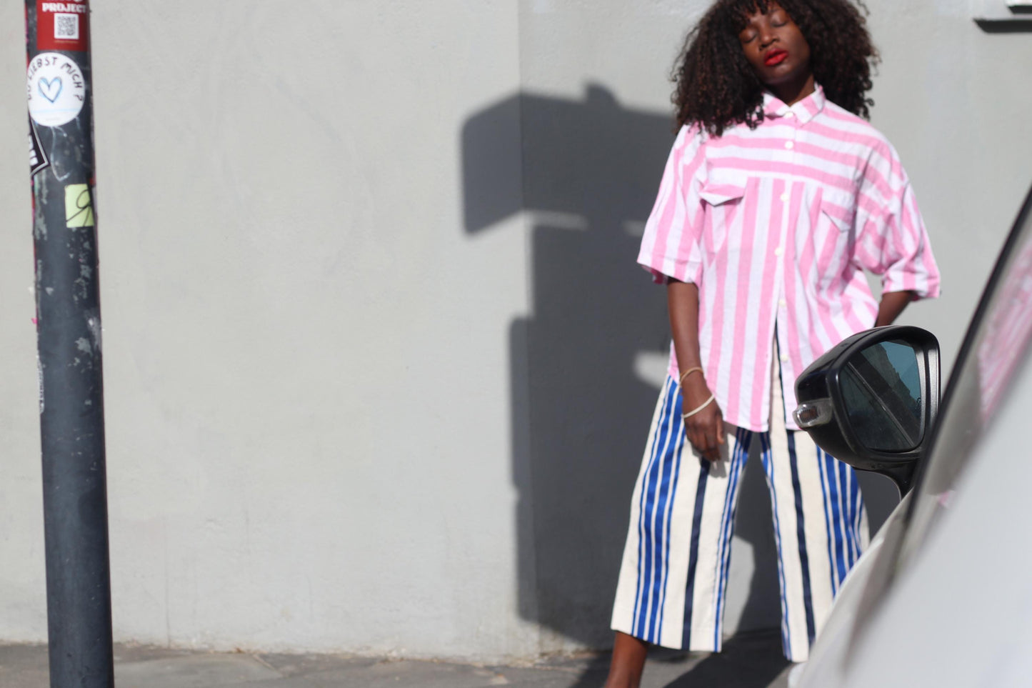 Pink White Striped Shirt Cotton Oversized Blouse Short Sleeve Button Up Top JOY
