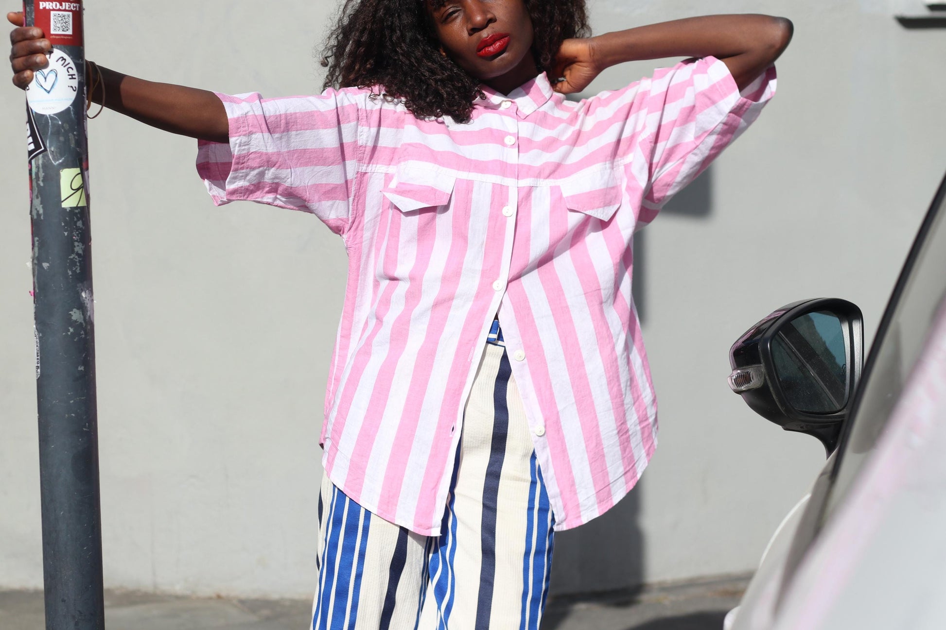 Pink White Striped Shirt Cotton Oversized Blouse Short Sleeve Button Up Top JOY