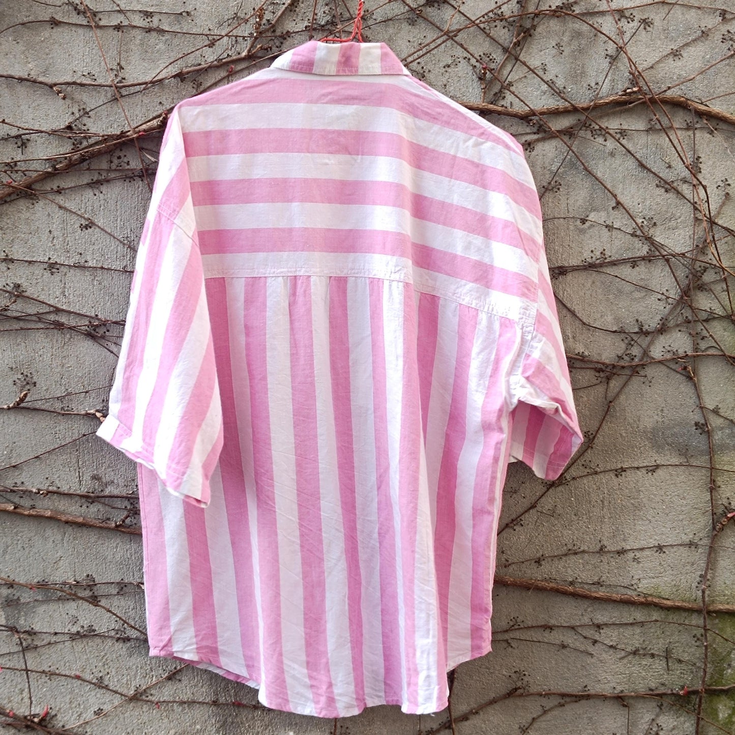 Pink White Striped Shirt Cotton Oversized Blouse Short Sleeve Button Up Top JOY