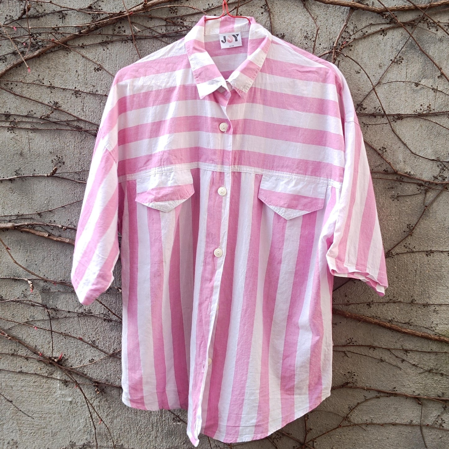 Pink White Striped Shirt Cotton Oversized Blouse Short Sleeve Button Up Top JOY