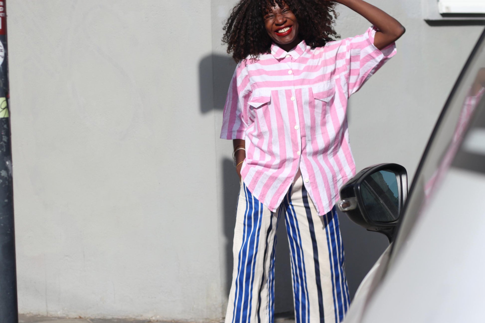 Pink White Striped Shirt Cotton Oversized Blouse Short Sleeve Button Up Top JOY