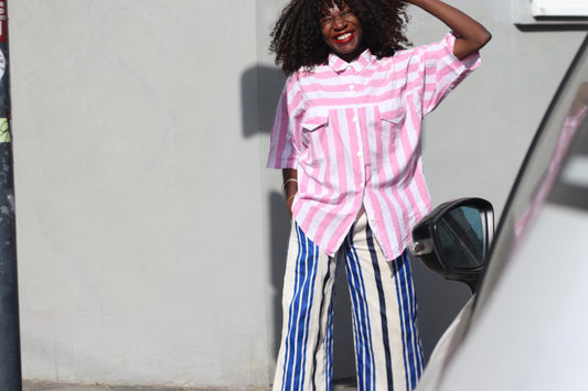Pink White Striped Shirt Cotton Oversized Blouse Short Sleeve Button Up Top JOY