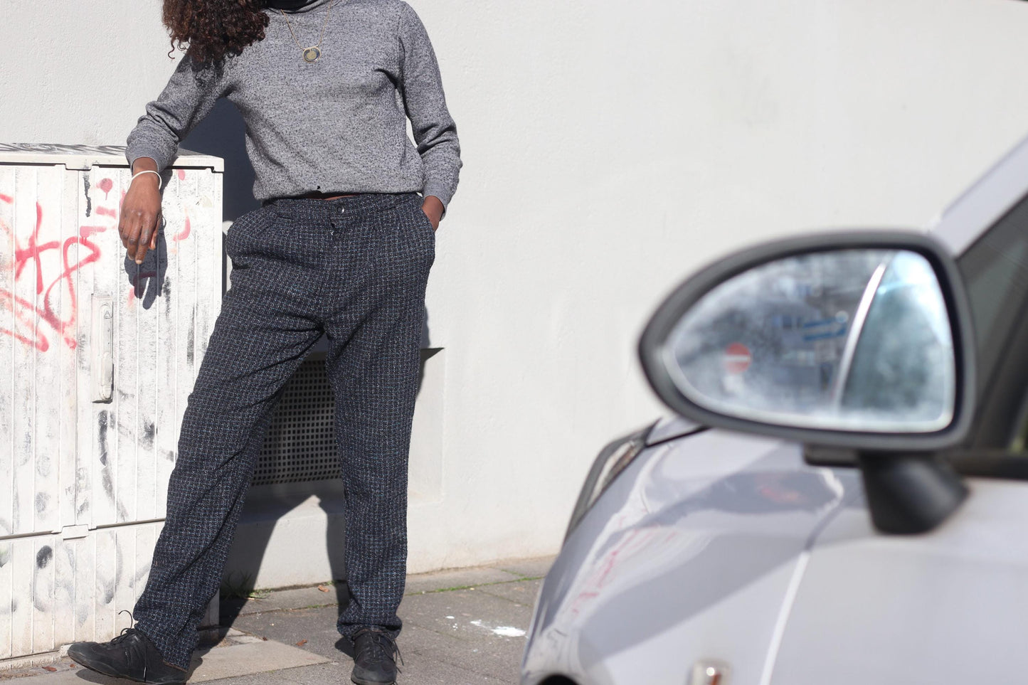 Vintage Wool Check Trousers High Waisted Grey Tweed Pants Wide Leg Dark Academia