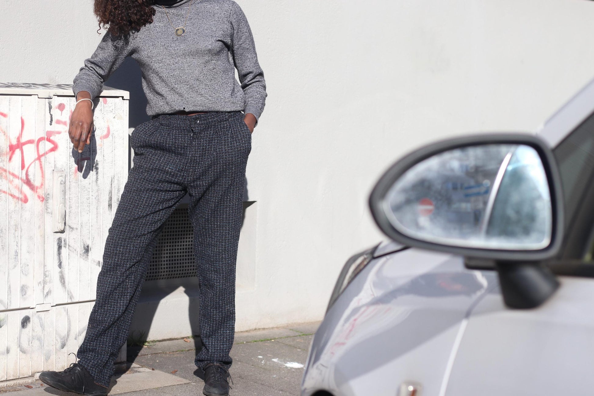 Vintage Wool Check Trousers High Waisted Grey Tweed Pants Wide Leg Dark Academia