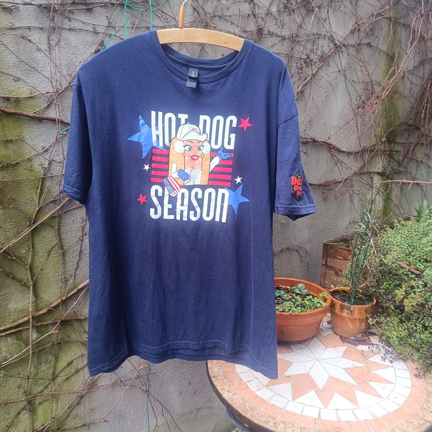 Hot Dog Season T-Shirt Navy Blue Graphic Tee XL Oversized Vintage Style Cotton