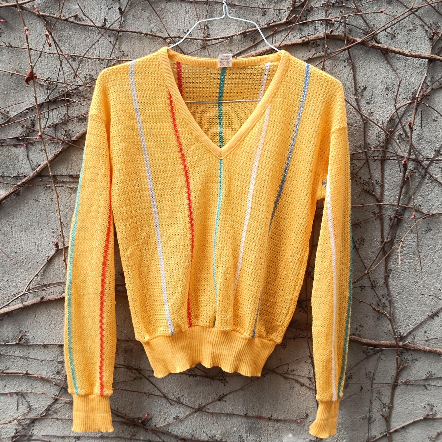 Vintage Yellow Knit Sweater Striped V-Neck Jumper Retro 70s 80s Cotton Knit Top