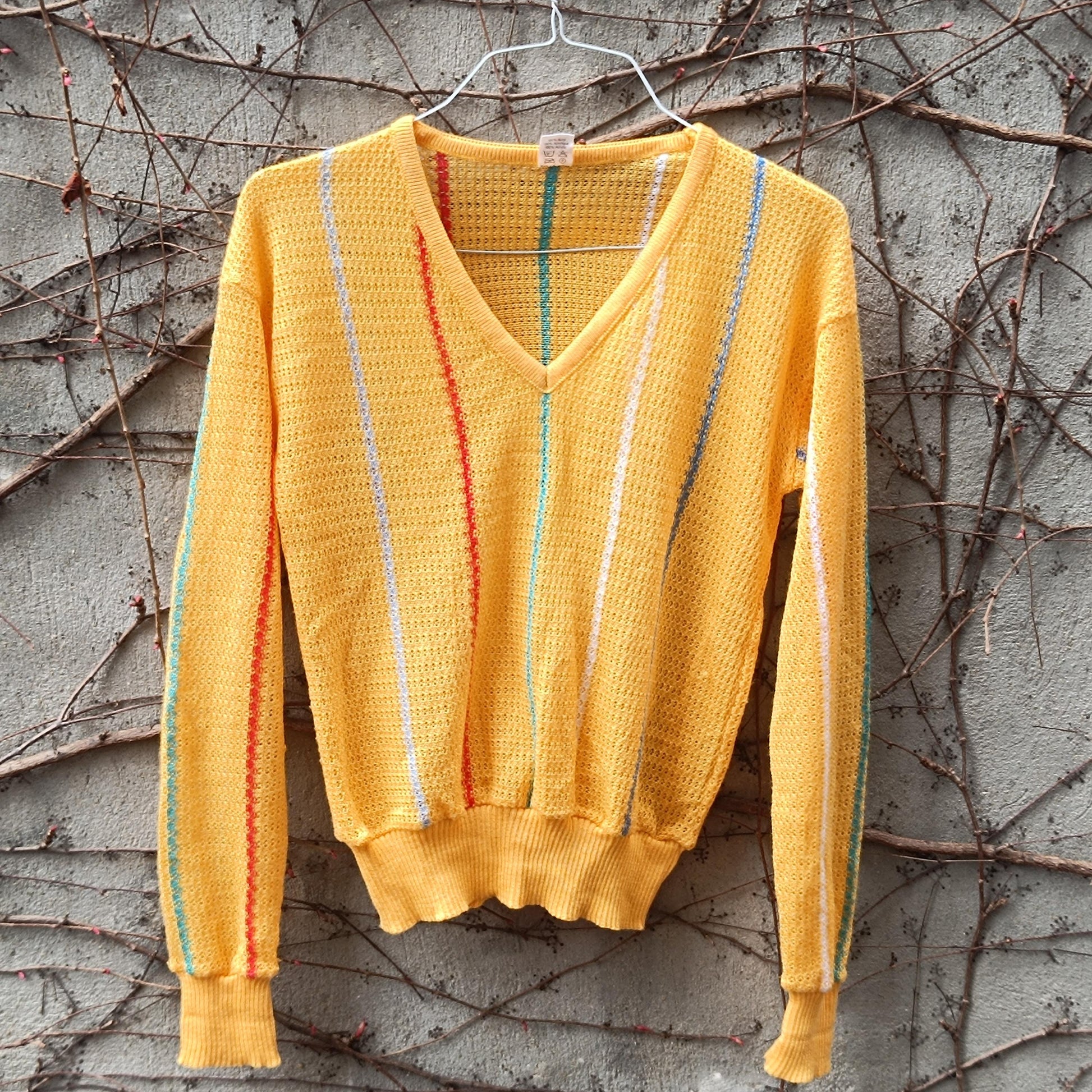 Vintage Yellow Knit Sweater Striped V-Neck Jumper Retro 70s 80s Cotton Knit Top