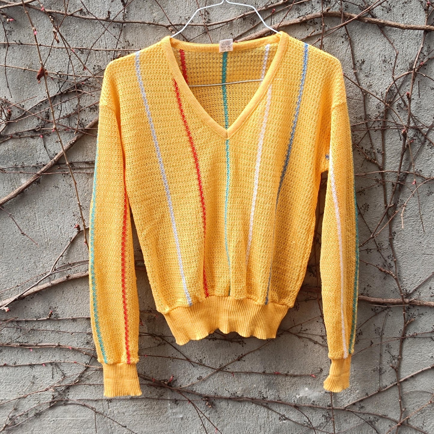 Vintage Yellow Knit Sweater Striped V-Neck Jumper Retro 70s 80s Cotton Knit Top