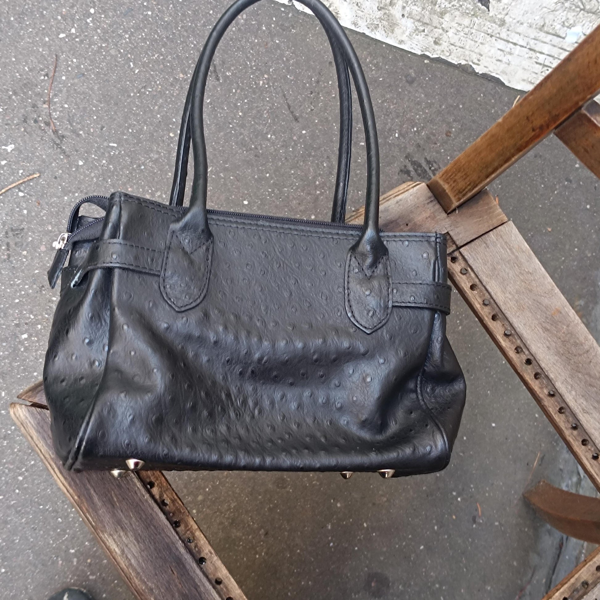 Vintage Italian Leather Handbag 90s Embossed Black Satchel Top Handle Made Italy