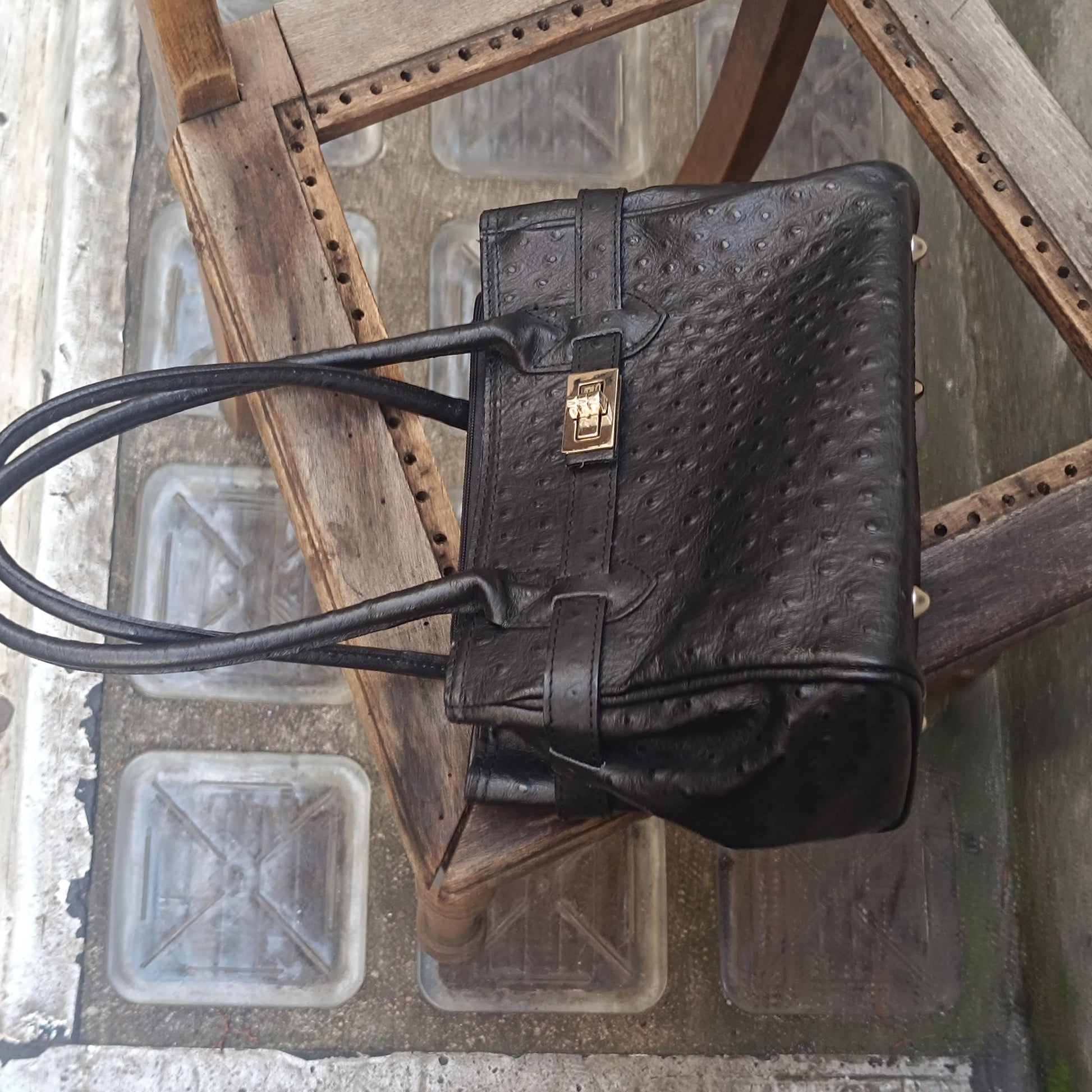 Vintage Italian Leather Handbag 90s Embossed Black Satchel Top Handle Made Italy