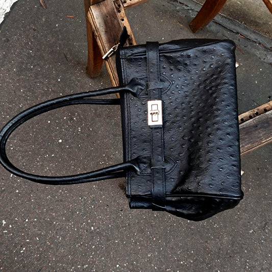 Vintage Italian Leather Handbag 90s Embossed Black Satchel Top Handle Made Italy