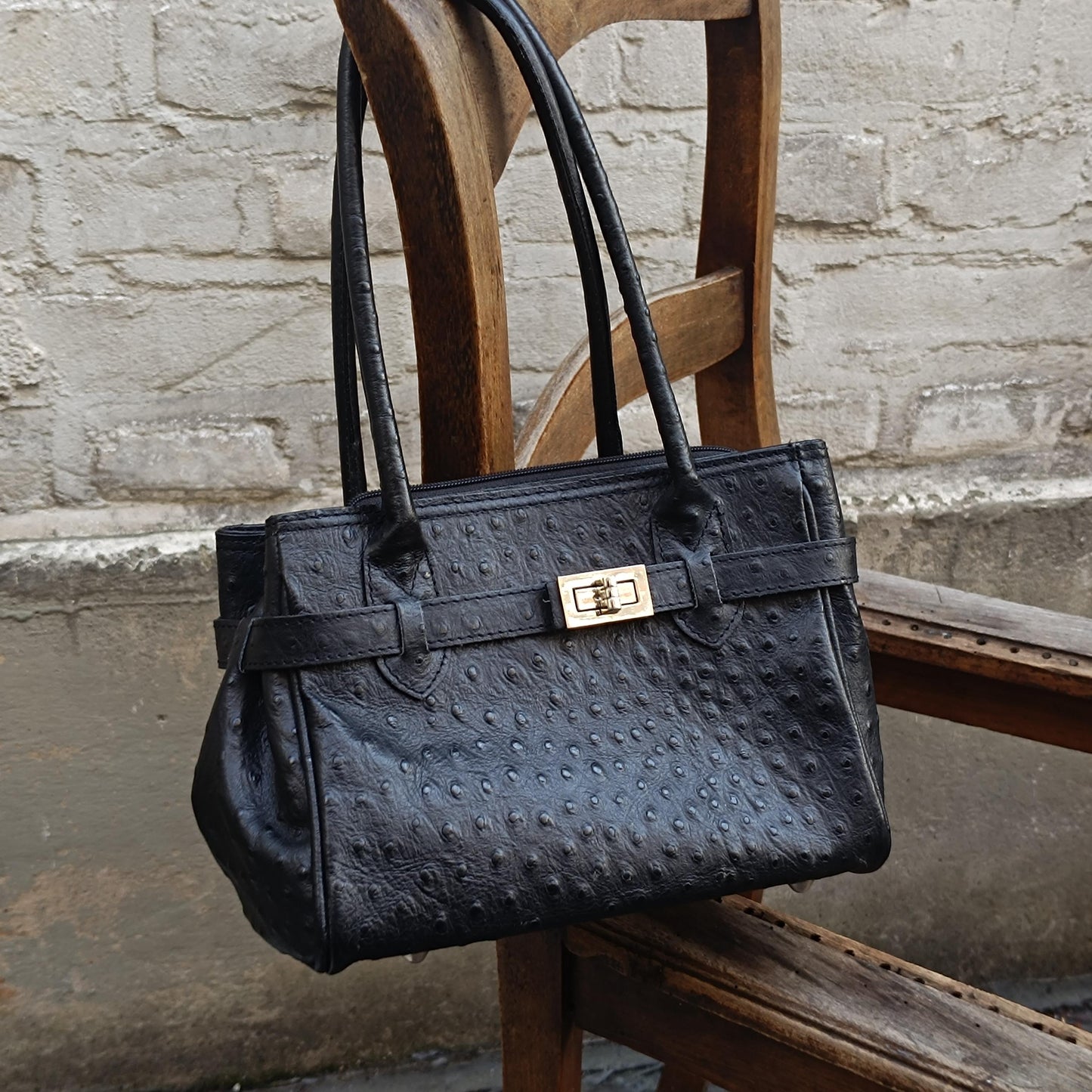 Vintage Italian Leather Handbag 90s Embossed Black Satchel Top Handle Made Italy