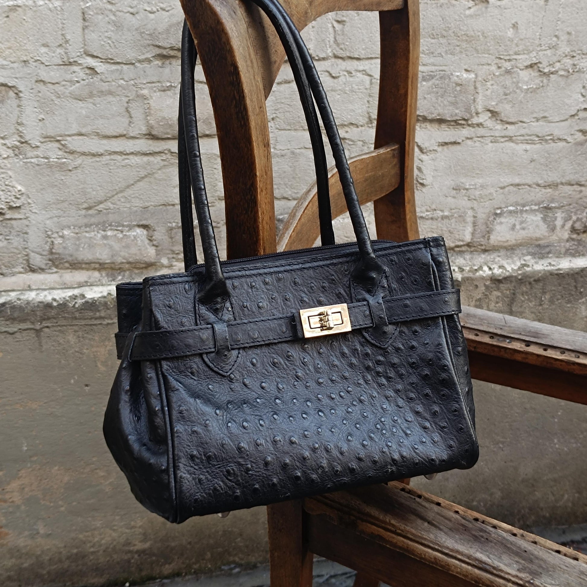 Vintage Italian Leather Handbag 90s Embossed Black Satchel Top Handle Made Italy