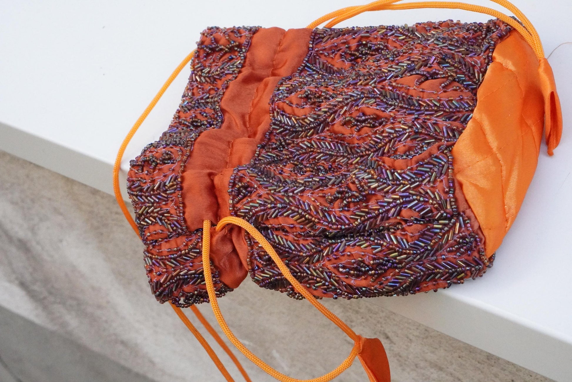 Vintage Beaded Drawstring Pouch Bag Orange Silk Satin Boho Evening Purse Handmade