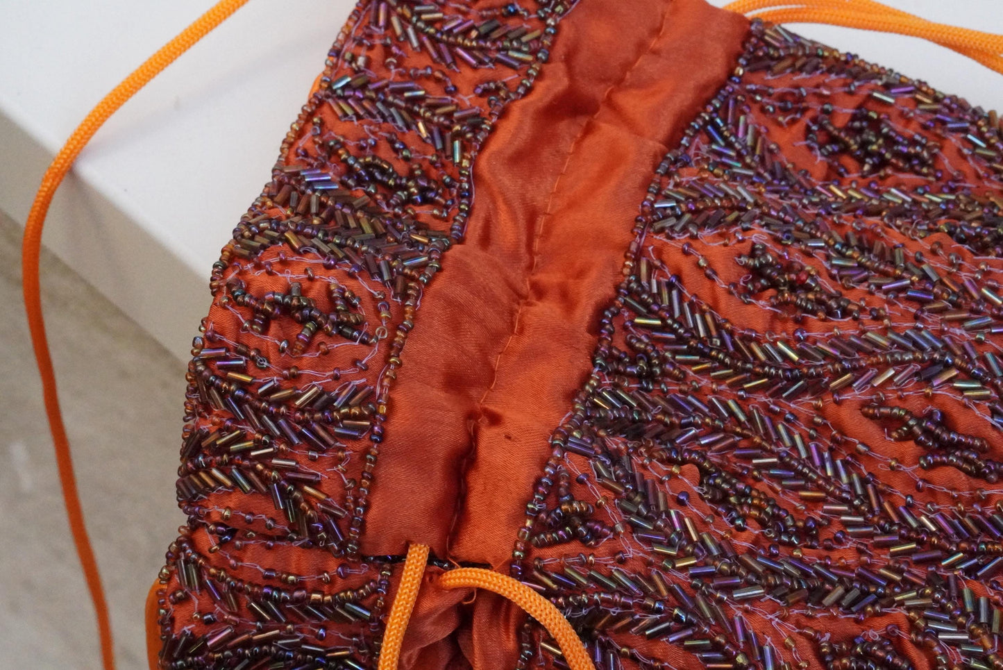 Vintage Beaded Drawstring Pouch Bag Orange Silk Satin Boho Evening Purse Handmade