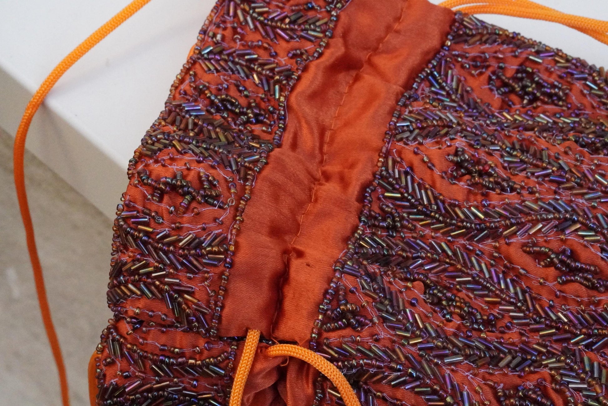 Vintage Beaded Drawstring Pouch Bag Orange Silk Satin Boho Evening Purse Handmade