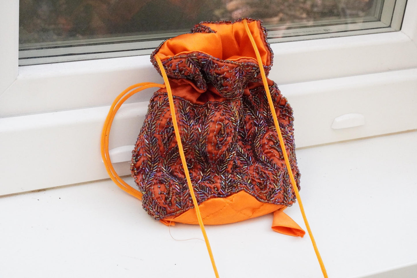 Vintage Beaded Drawstring Pouch Bag Orange Silk Satin Boho Evening Purse Handmade
