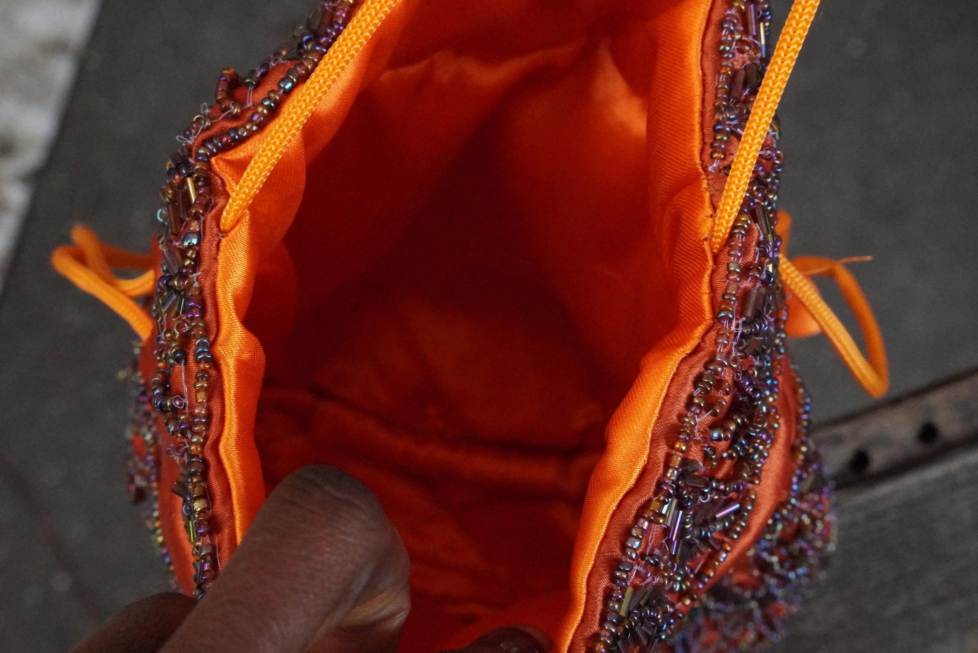 Vintage Beaded Drawstring Pouch Bag Orange Silk Satin Boho Evening Purse Handmade