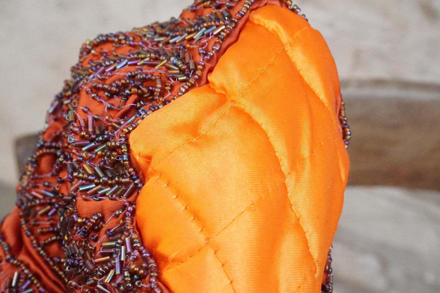 Vintage Beaded Drawstring Pouch Bag Orange Silk Satin Boho Evening Purse Handmade