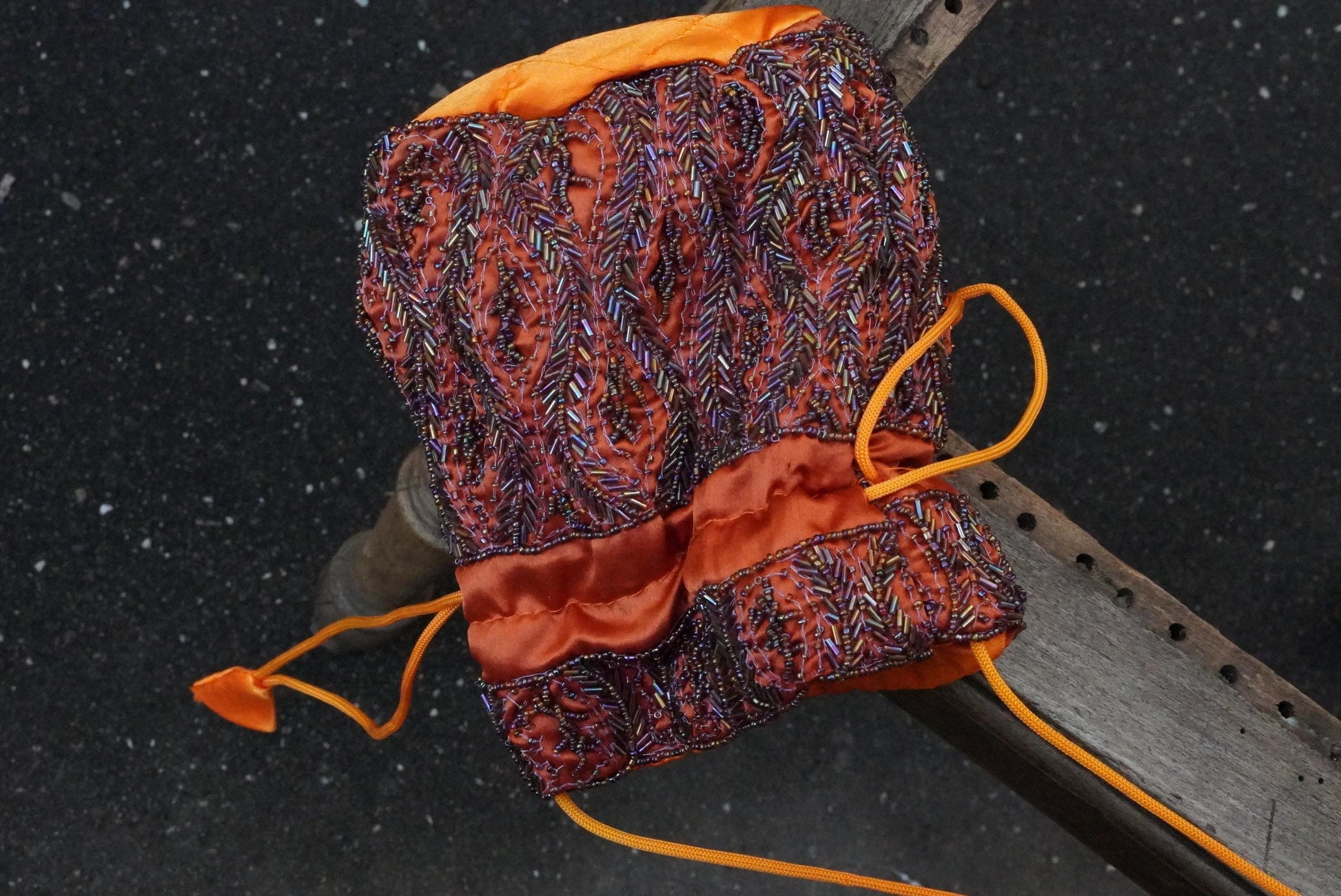 Vintage Beaded Drawstring Pouch Bag Orange Silk Satin Boho Evening Purse Handmade